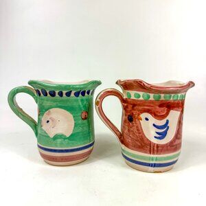 Solimene Pottery Vietri Italy Campagna Chicken & Pig Fluted Coffee Mugs Set Of 2